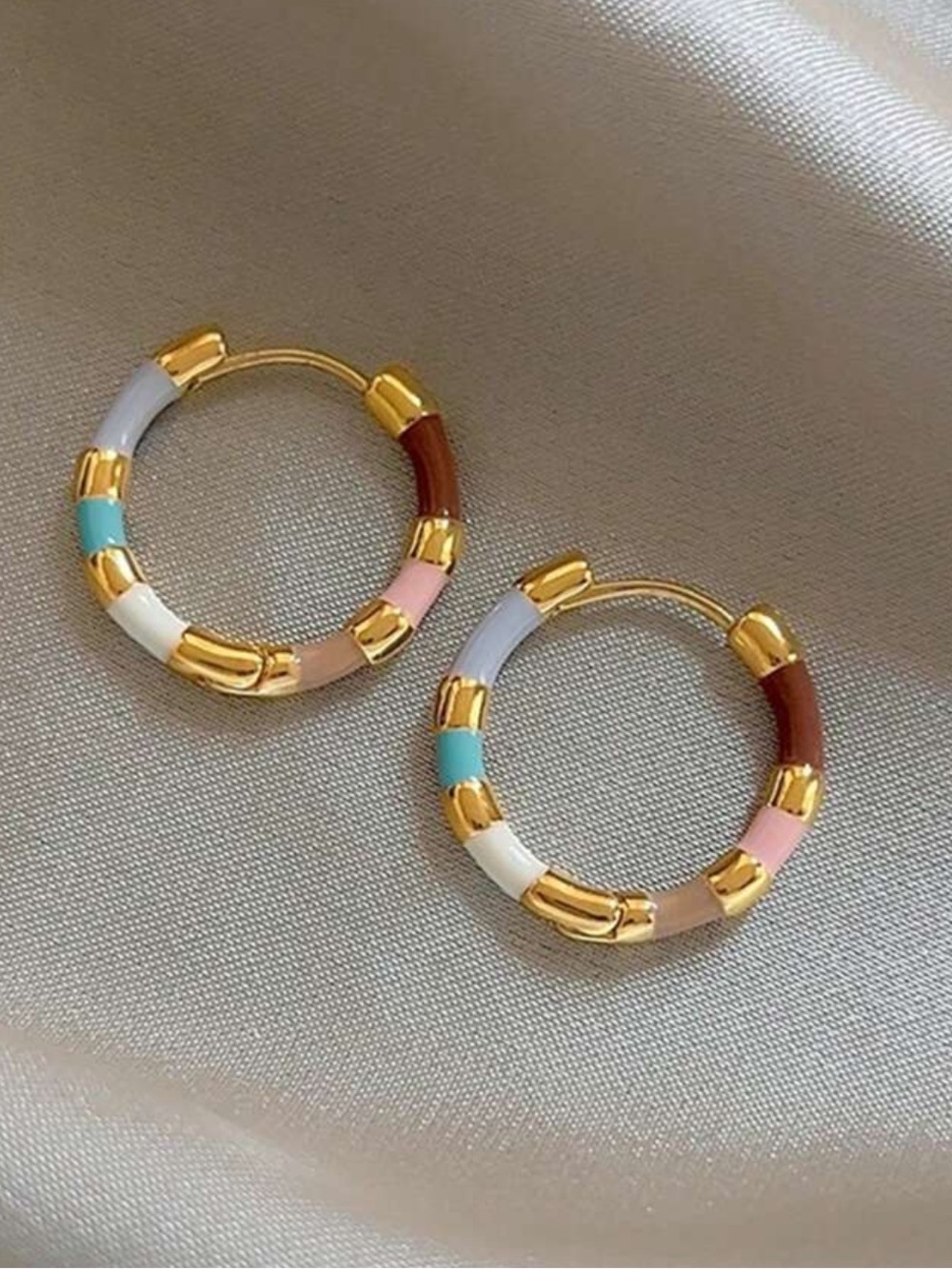 Gold Multicolor Enamel Hoop Earrings with Pastel Accents